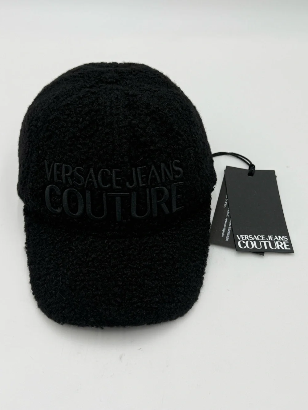 NWT Versace Jeans Couture Black Bouclé Teddy Baseball Cap Hat Logo AUTHENTIC